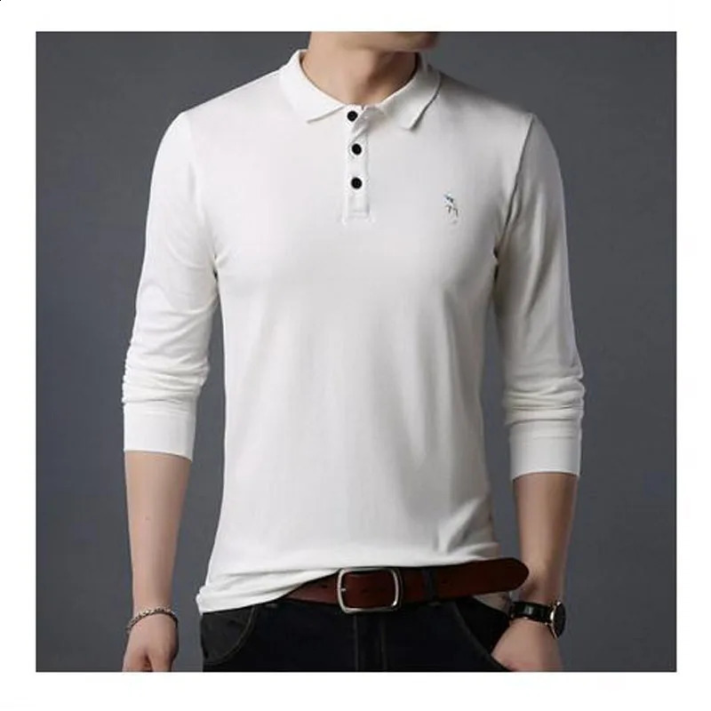 Autumn Mens Pure Cotton Lapel Patchwork Printed Simple Long Sleeved T-shirt Loose and Comfortable Casual Bottom Top 240824