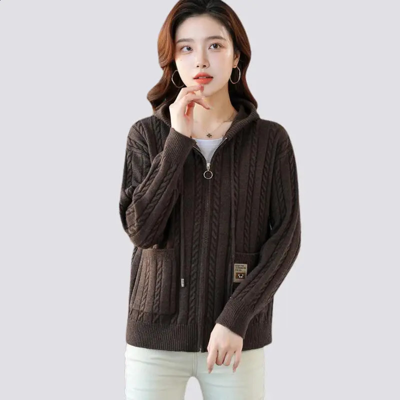 Spring and Autumn Sweaters Hooded Knitwear Fashionable Style Slimming and Loose Zipper Knitted Cardigan Jacket 240824