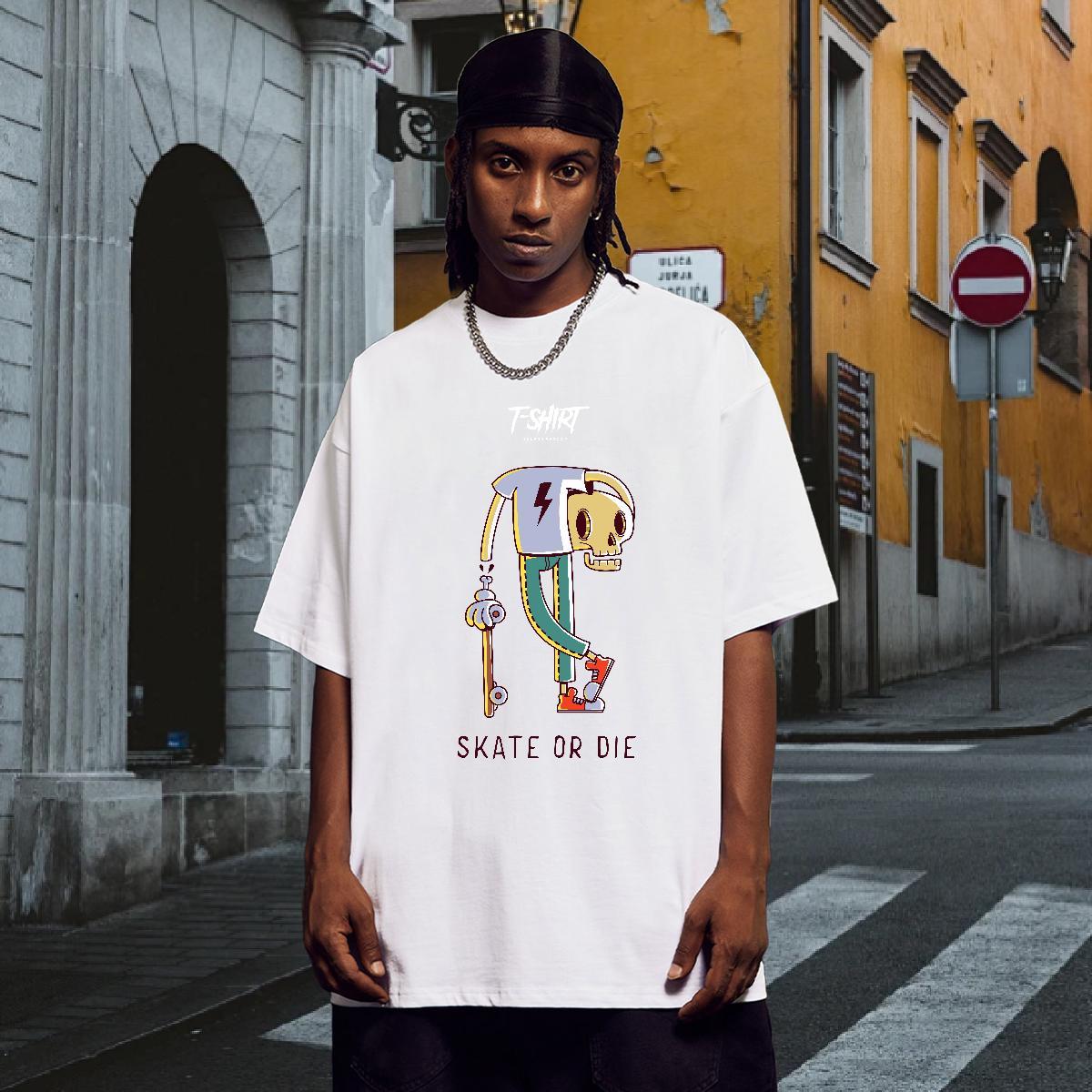 Loose Men T Shirts 230g Pure Cotton skull High Street Hip Hop Custom Cartoon Breathable Short Sleeve Men Clothes T-Shirt 2024 DIY Wear