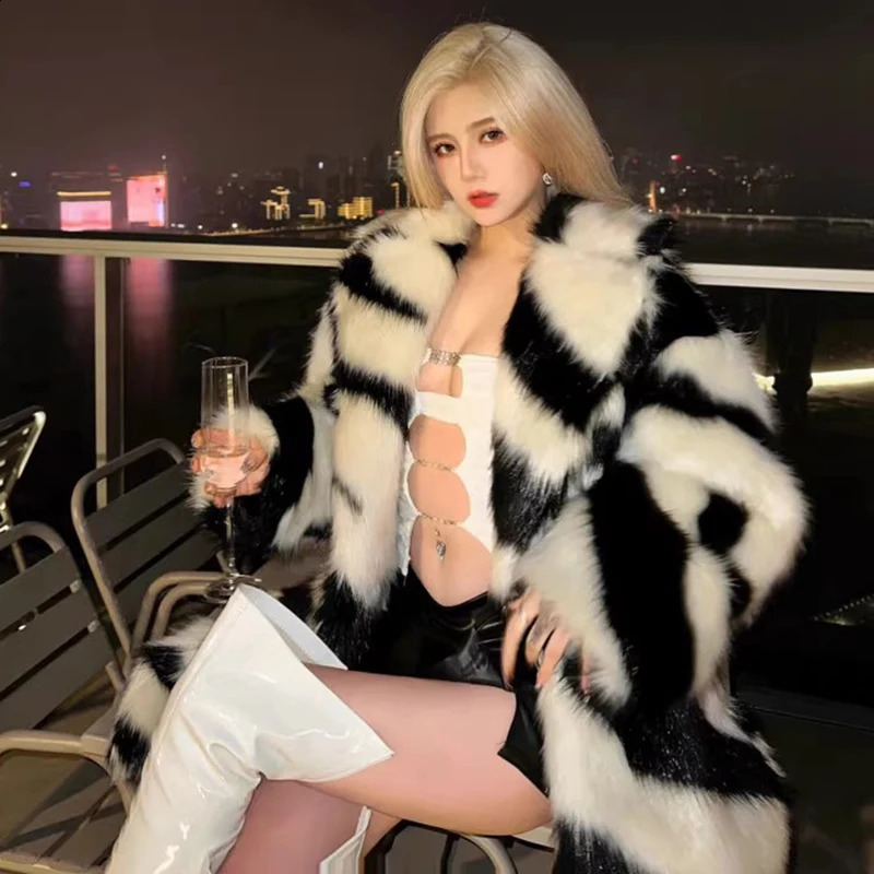 Womens spice sexy zebra fur coat fox medium long winter thick 240824