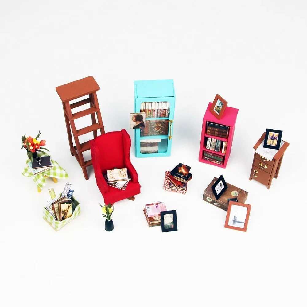 LED Bookstore doll house furniture diy dollhouse wood diy doll house miniature dollhouse furniture Kit children home puzzle Toys M240824