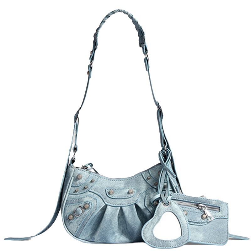 Fashionable motorcycle bag underarm bag rivet tassel high-end pleated bag single shoulder bag