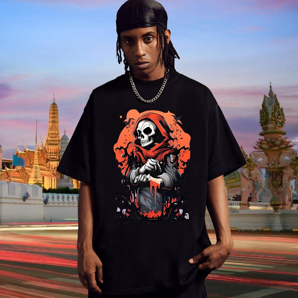Popular T Shirts Men 100% Cotton 230g skull Hip Hop Street Oversized Round Neck Short Sleeve Mens Tshirts Stylist Tops