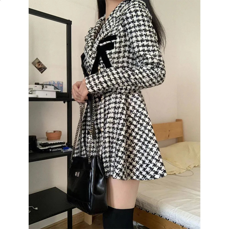 MEXZT Vintage Bow Mini Dress Women Elegant Party Houndstooth Tweed One Piece Dresses Winter Kawaii Korean Bodycon Vestidos 240824