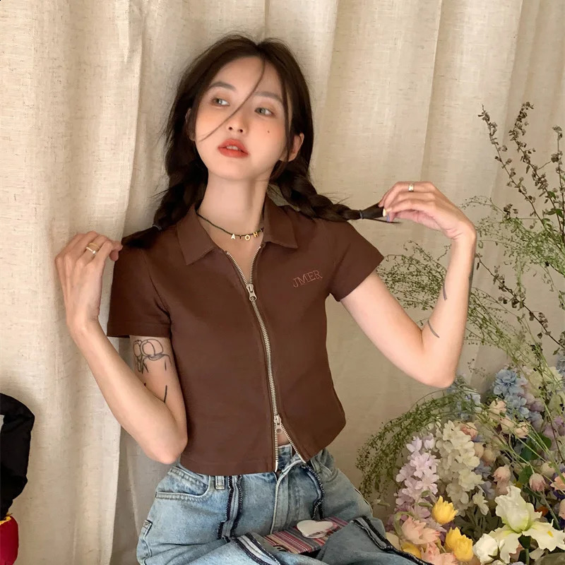 Women Knitted Zipper Short Sleeved T-shirts Lady Daily Comfortable Outside Crop Clothes Female Cutecore Collared Colorful Tops 240824