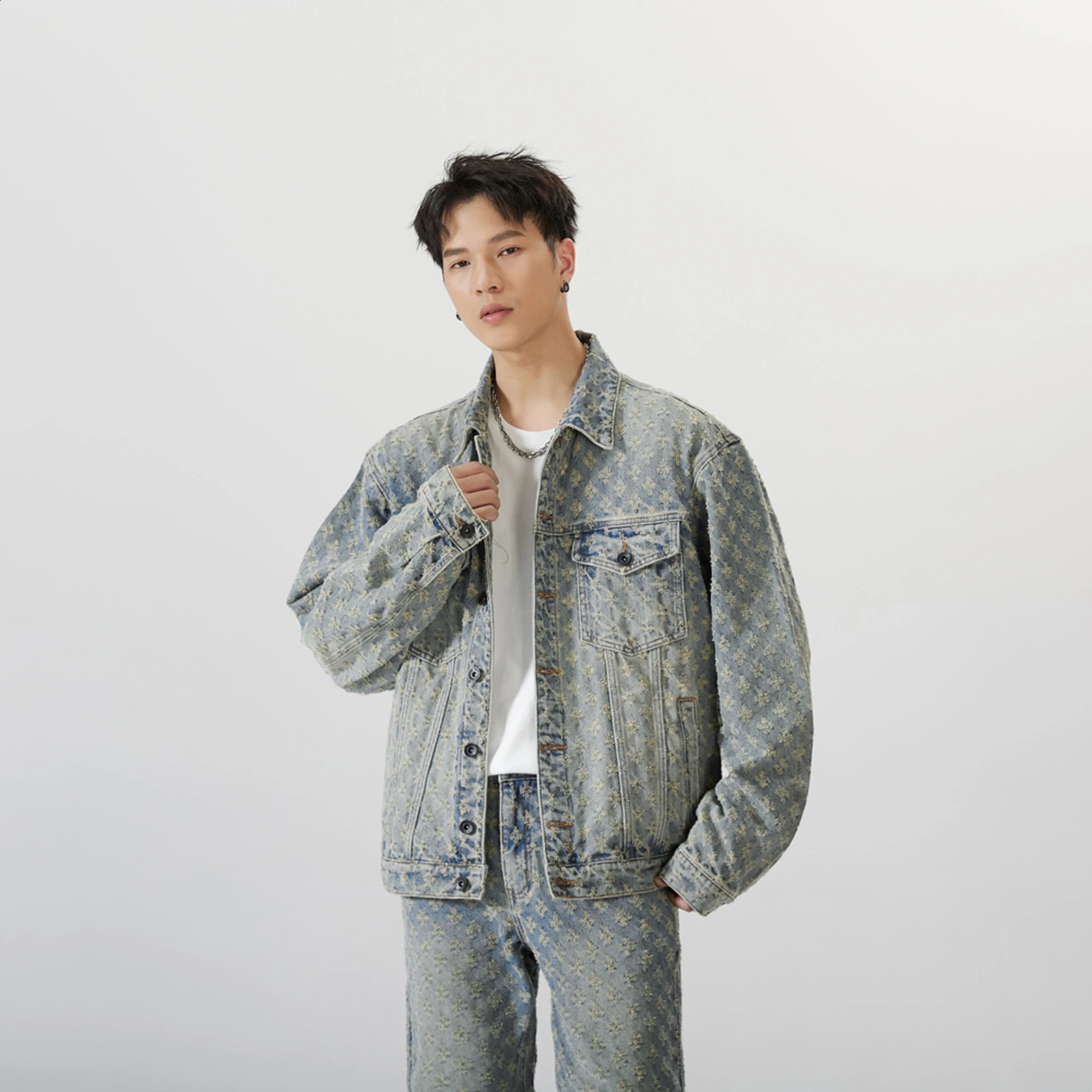 Mens Jeans Jacket Jacquard Pattern Coats Old Loose Heavy 240824
