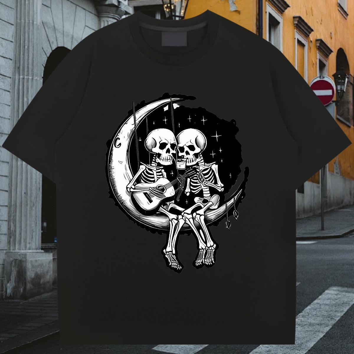 Free Shipping Mens T Shirts 230g 100% Cotton moon Hip Hop Skull Breathable Short Sleeve Couples T Shirts 2024 Top Tees