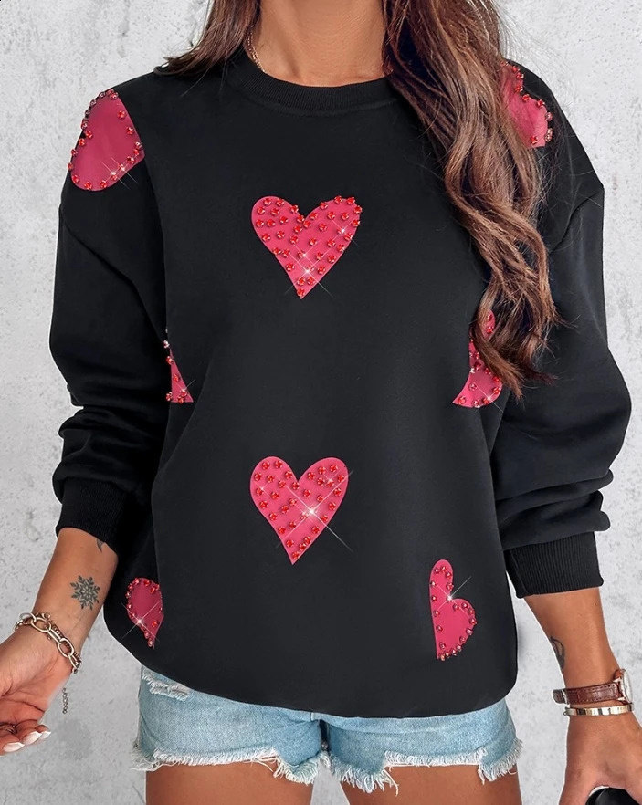 Elegant Fashion Autumn Winter Casual T-Shirt Pullover Tops Heart Print Long Sleeve Rhinestone Decor Sweatshirt 240824
