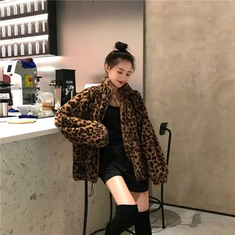 Autumn camouflage leopard print jacket womens fashionable collar warm park coat winter loose faux fur 240824