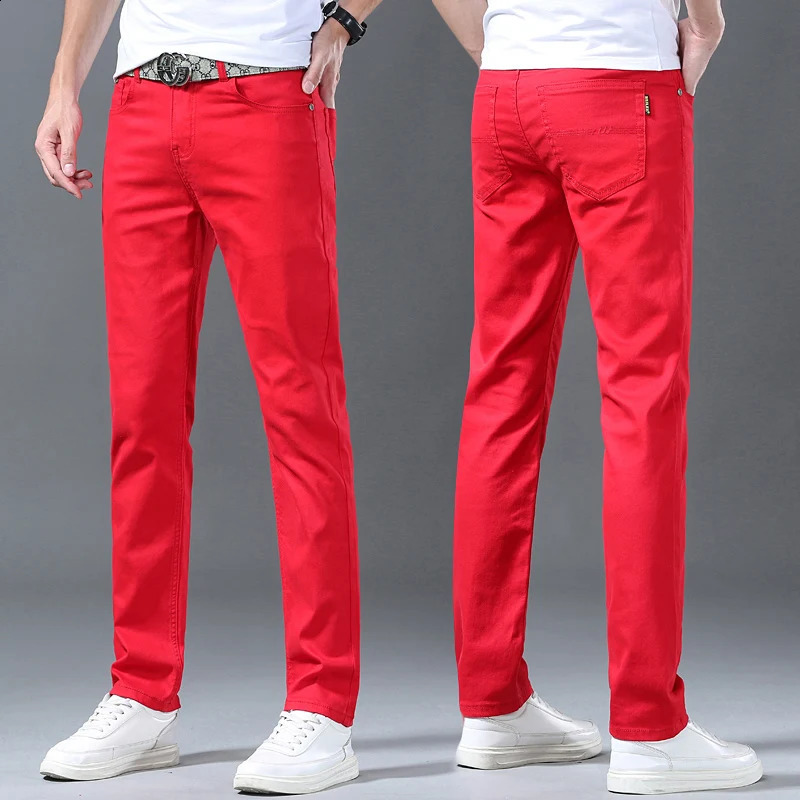 Men Classic Version Slim Stretch Trousers Clothing Red Straight Jeans Fashion High Quality Casual Denim Pants Male 36 40 240824