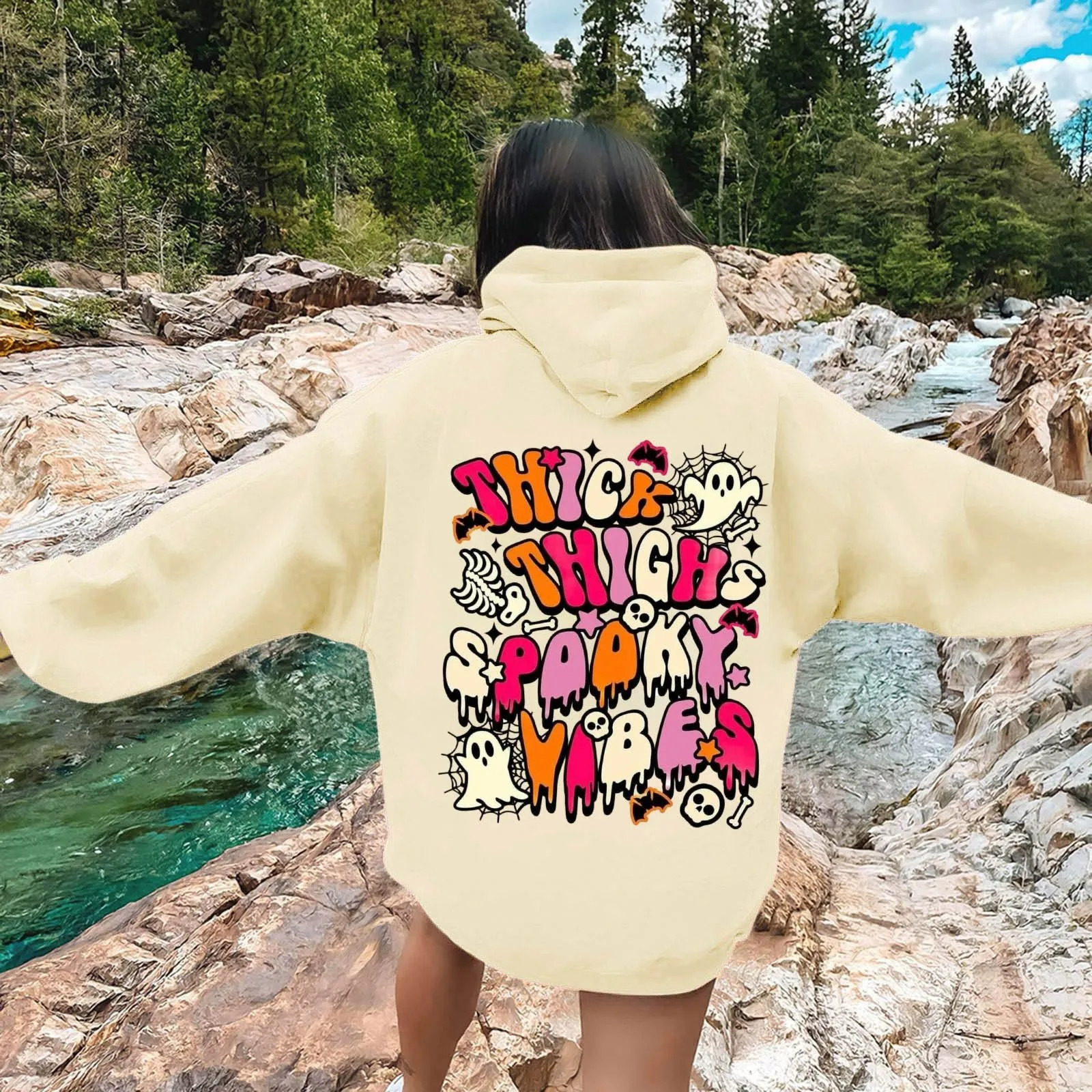 WomenS Halloween Hoodie Multi-Element Printed Pullover Round Neck Long Sleeve Drawstring Hoodie Trend All Match Casual Hoodie 240824