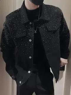 Mens highend fashion Rhinestone denim jacket mens handsome lapel long sleeved clothing 240824