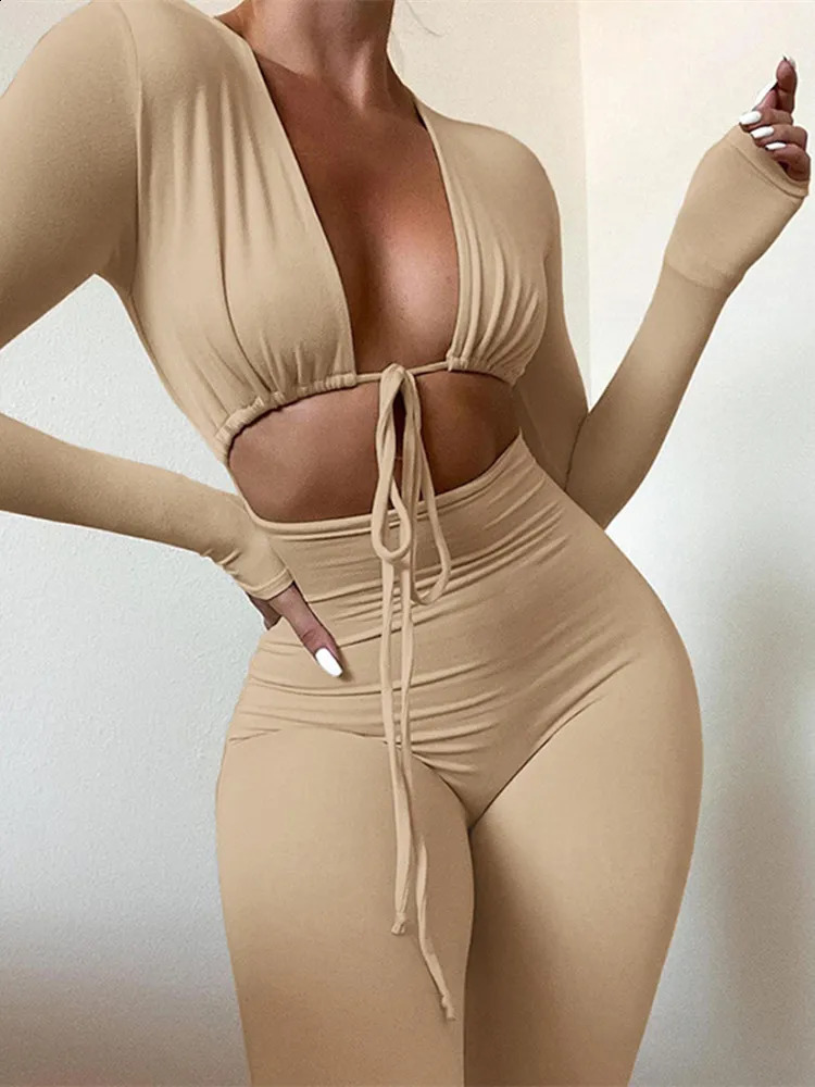 Kliou Solid Jumpsuit Drawstring Cleavage Waist Out Overall Sexy BodyShaping Hipster Midnight Club Female Clothing 240823