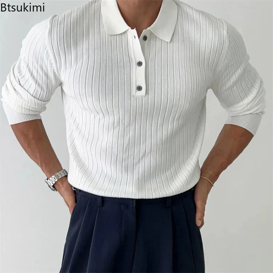 Mens Knitted Polo Shirts Fashion Striped Long-sleeved Lapel Pullover Tops Korean Style Solid Slim Versatile Knit Sweaters 240824