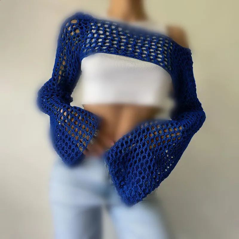 Women Loose Hollow Out Knitted Cropped Sweaters Spring Summer Female Long Sleeve Fishnet Knitwear Pullover Short Tops 240824