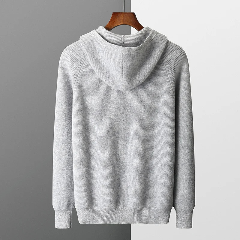 Mens hooded cardigan wool jacket autumnwinter thick large 100% Merino sweater zipper casual sports top 240824