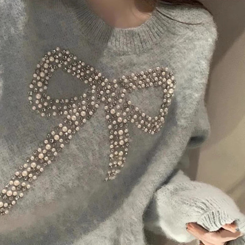 Streetwear Bow Beading Sweater Women Sweet Oversized Knitted Pullovers Vintage Loose Knitwear Winter Korean Casual Jumper Tops 240824