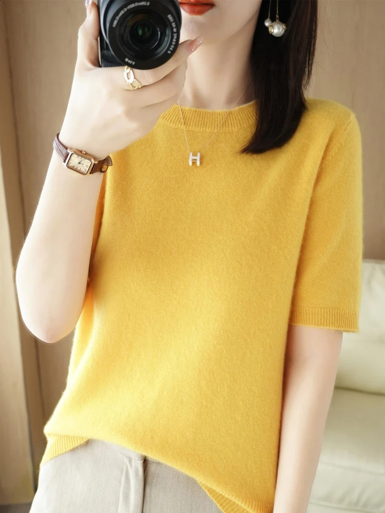 Chic Women Summer T-shirt O-neck Short Sleeve Pullover Sweater Merino Wool Knitwear Basic Soft Clothing Korean Style Tops 240824
