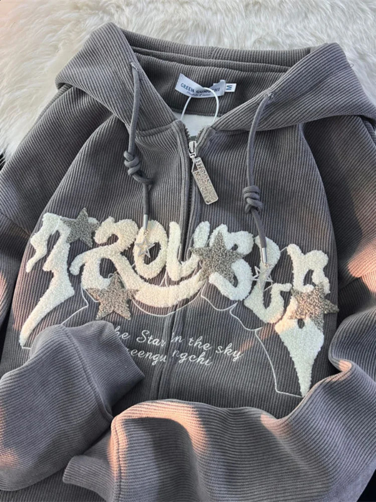 Vintage Streetwear Zip Up Tops Oversized Star Graphics Print Hoodies Women American Retro Graphic Hooded Sweatshirts 240824