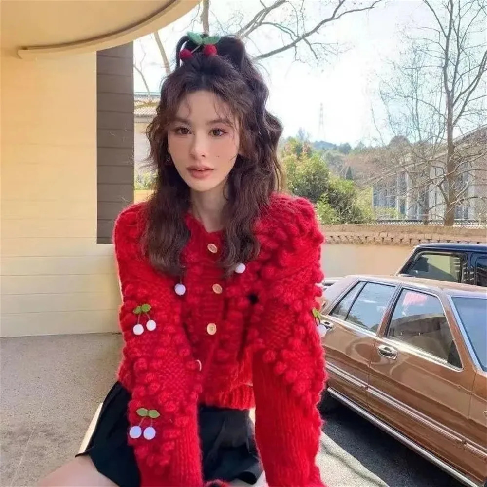 Cherry O-neck Cardigan Women Vintage Kawaii Loose Lazy Style Knitwear Coats Fashion Warm Baggy Korean Cute Button Sweaters 240824