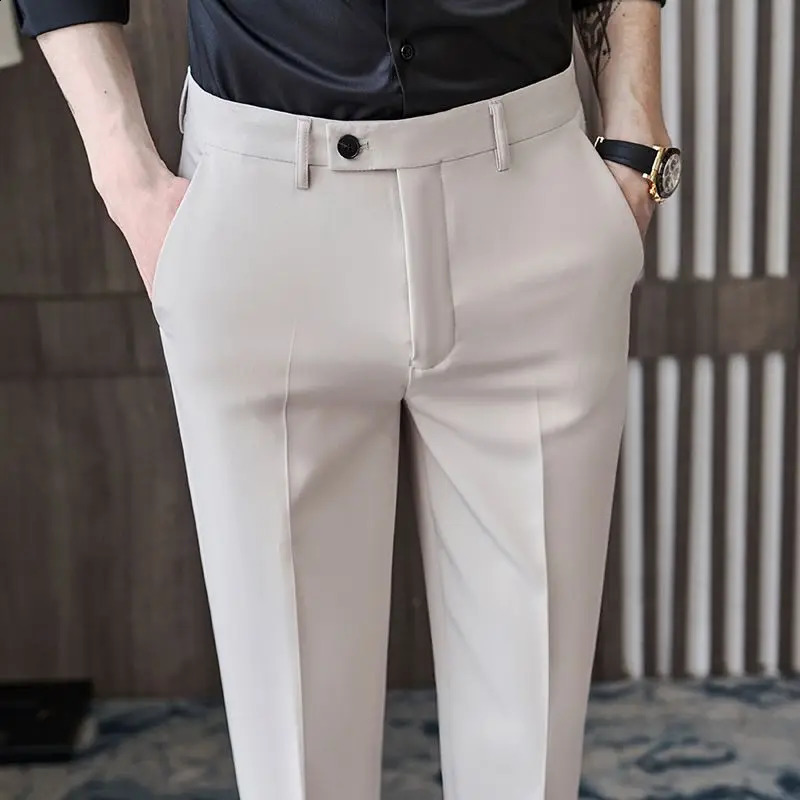 British Style Spring Solid High Quality Dress Pant Men Slim Fit Casual Office Trousers Formal Social Wedding Party Suit Pant 240824