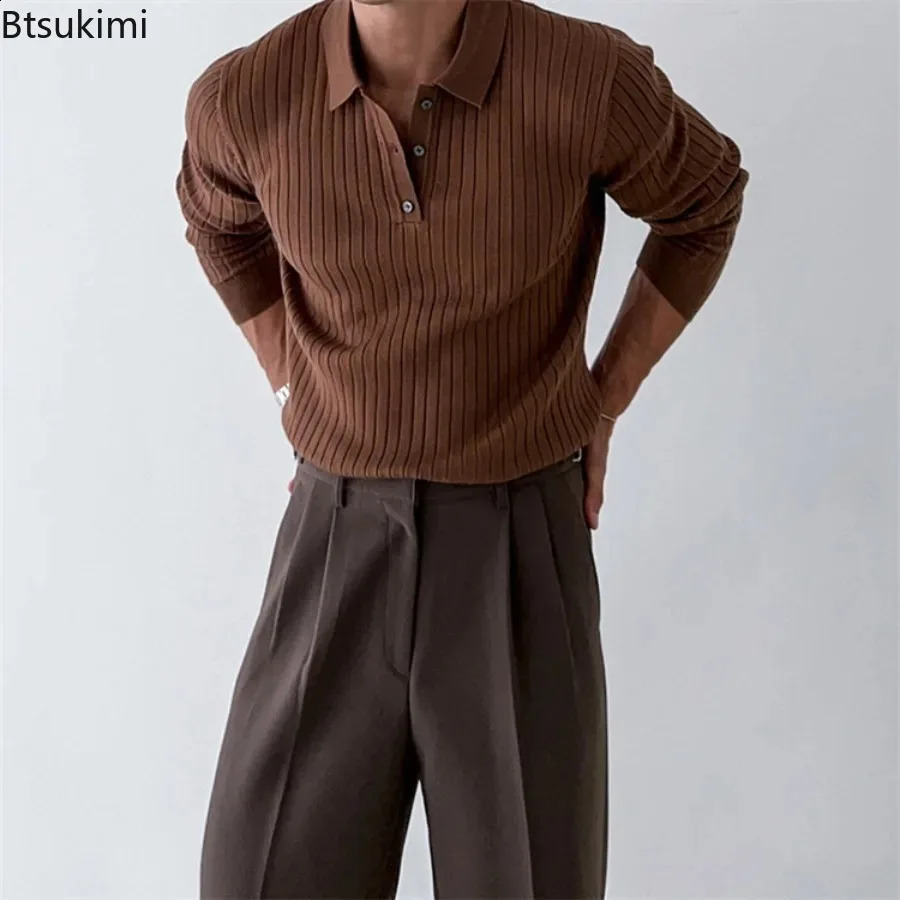 Mens Knitted Polo Shirts Fashion Striped Long-sleeved Lapel Pullover Tops Korean Style Solid Slim Versatile Knit Sweaters 240824