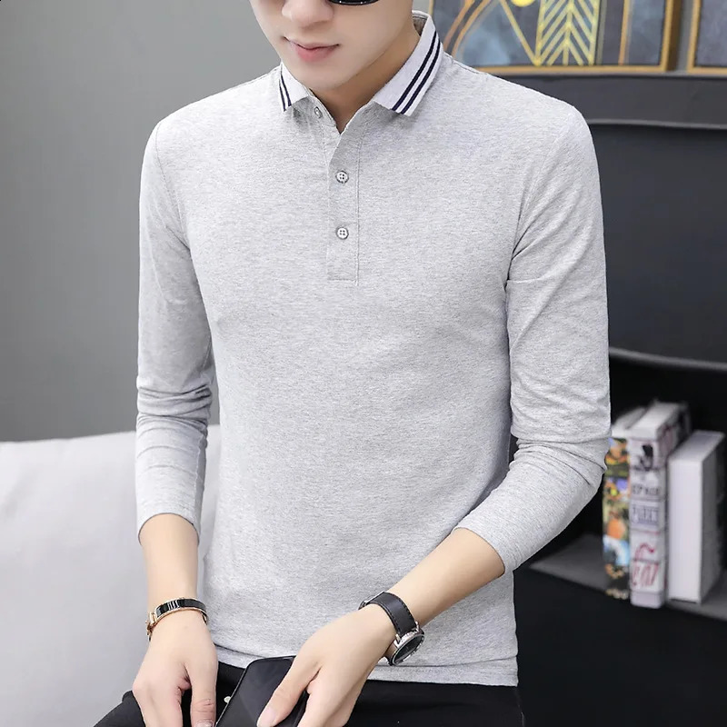 Spring and Autumn Long-sleeved Mens Polo Shirt Lapel T-shirt Korean Mens Collared Mens T-shirt Bottoming Shirt 240824