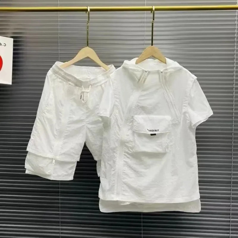 Summer Mens Two Piece Set Casual TShirt and Shorts Printed Zipper Hooded Loose Japanese Handsome Thin Light Sports Suit 240824