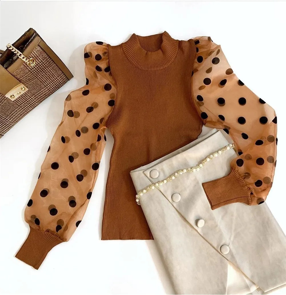 Meihuida Autumn Winter Women Polka Dot Knitted Sheer See-through Translucent Long Puff Sleeve Sweater Blouse Shirts 240824