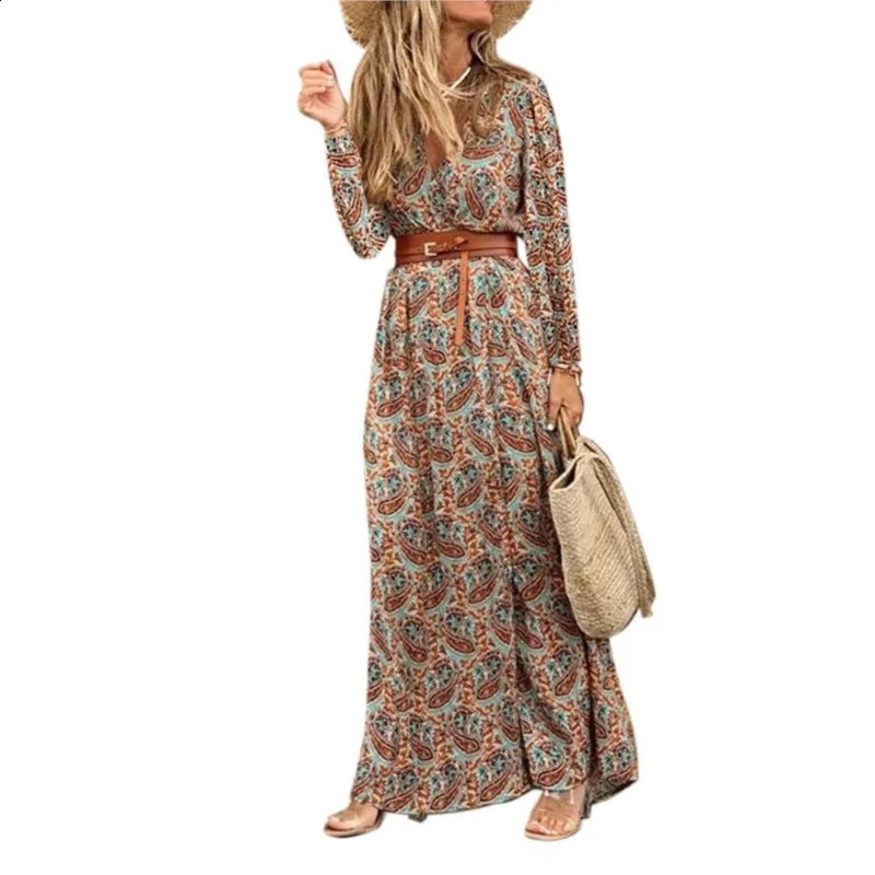 Autumn And Winter Long Sleeved V-neck Bohemian Floral Dress Womens Print With Belt OL Commuting Split Maxi Dress Femme 240824