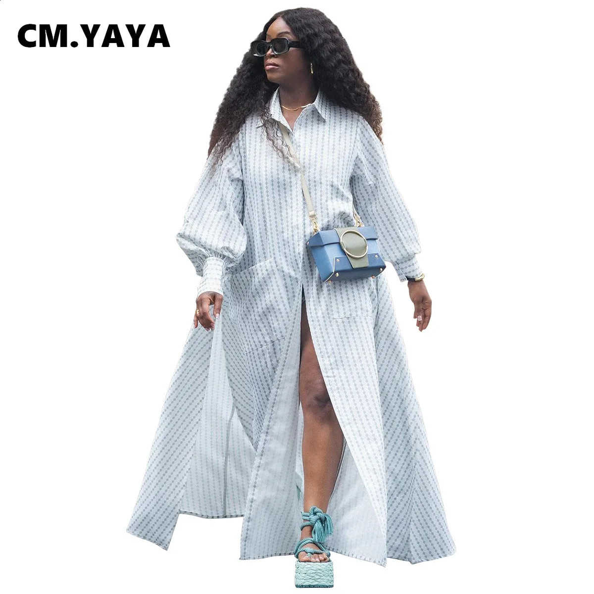 CM.YAYA retro plus size womens single chest long sleeved shirt dress autumn street fashion long skirt vest 240824