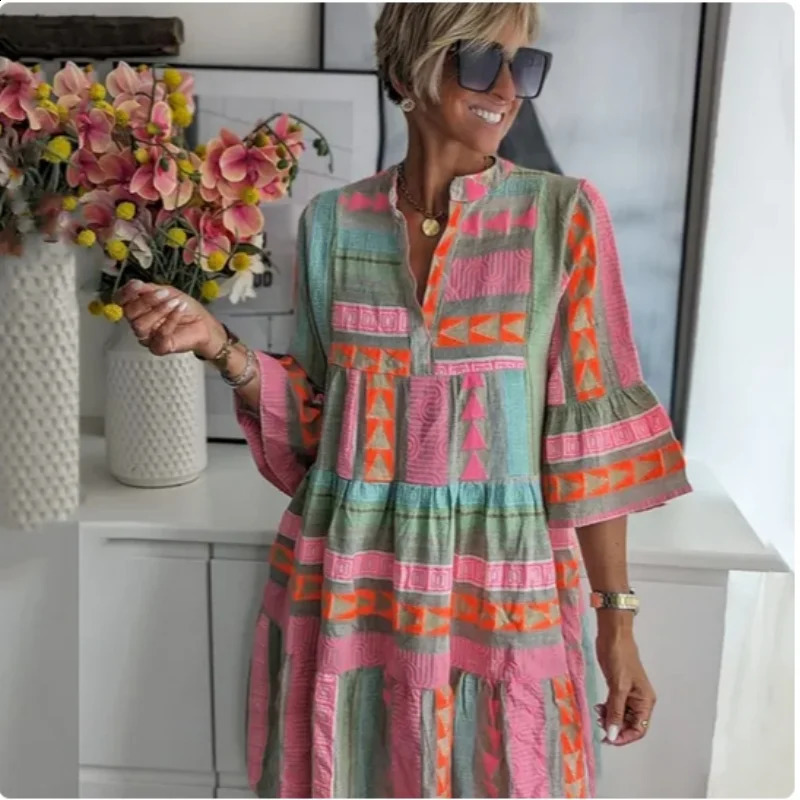 Womens Sexy V-neck Ruffled Bohemian Mini Dress Spring Vintage Print A-line Holiday Casual Autumn 3/4 Flared Sleeves Dresses 240824