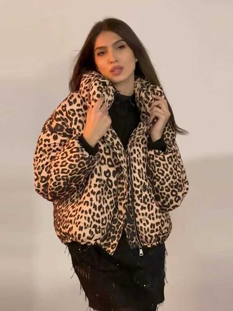 Women's Jackets Women Chic Leopard Print Cropped Zipper Cotton Jacket Elegant Stand Neck Long Slves Coats 2024 Winter Fashion High Strtwear Y2408
