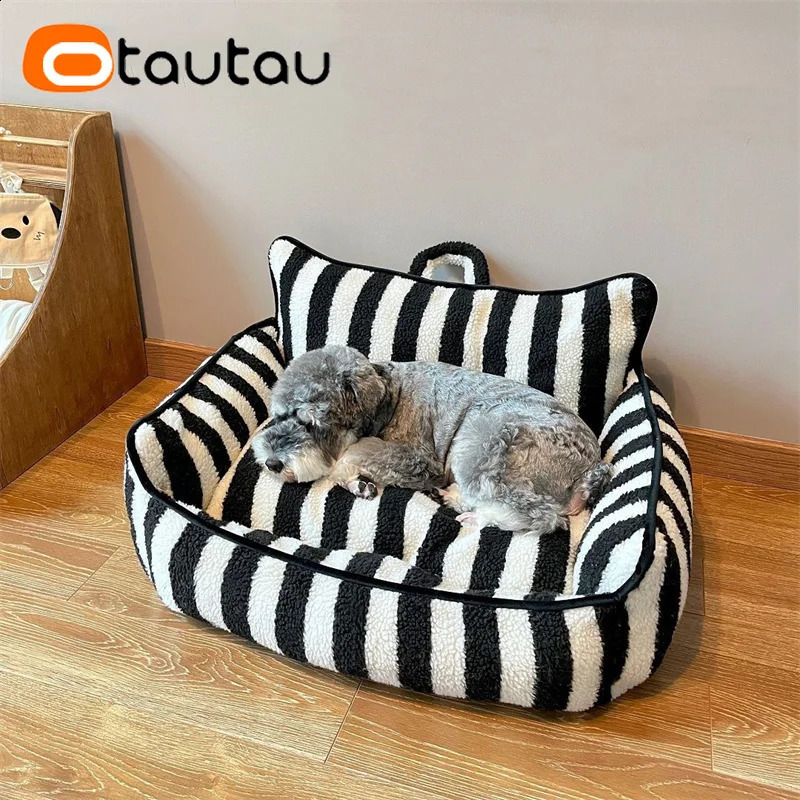 OTAUTAU Cute Pet Sofa Bed with Filler Washable Inner Liner Winter Warm Dog Cat Mini Couch Faux Fleece Stripe Pouf SF139 240824 - view 7