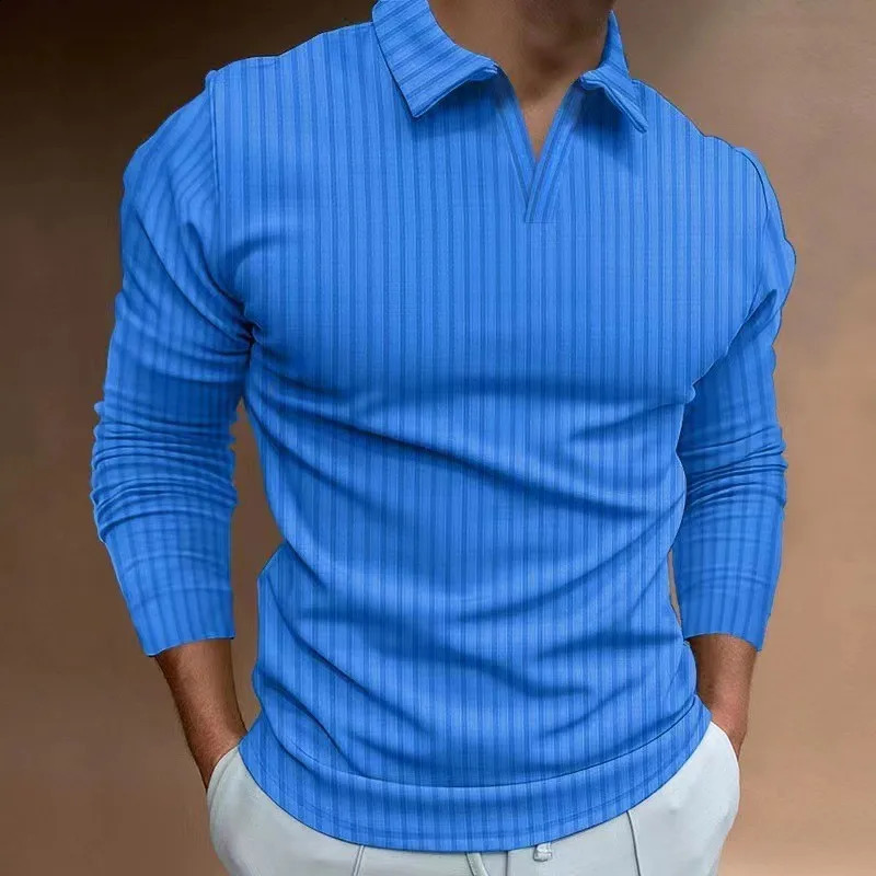 mens spring and autumn casual striped long sleeve top V-neck loose polo shirt 240824