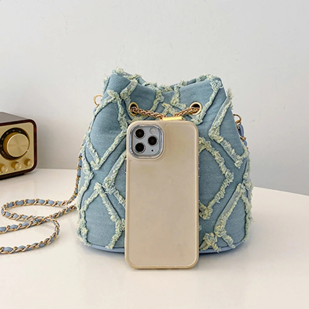 Denim Crossbody Bag Diamond Pattern Women Shoulder Bag Drawstring Jean Purse Adjustable Strap Hobo Bag 241228