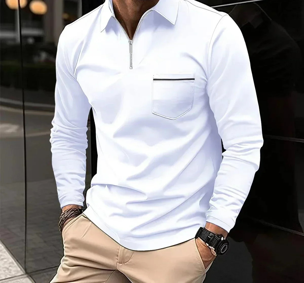 Fashion Men Shirts Autumn Casual Loose Fitting Polo Blouse Zipper Pocket Solid Color Mans Long Sleeve Sports Y2k Tops 240824