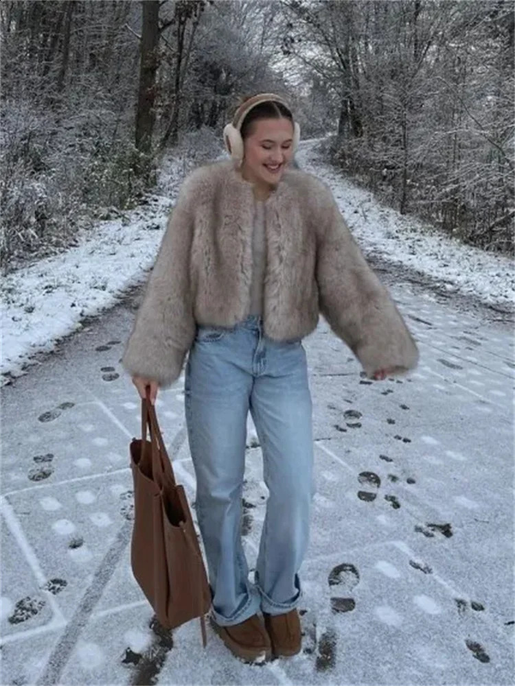 Fashionable fluffy faux fur coat for womens winter elegant loose long sleeved jacket ious thick street 240824