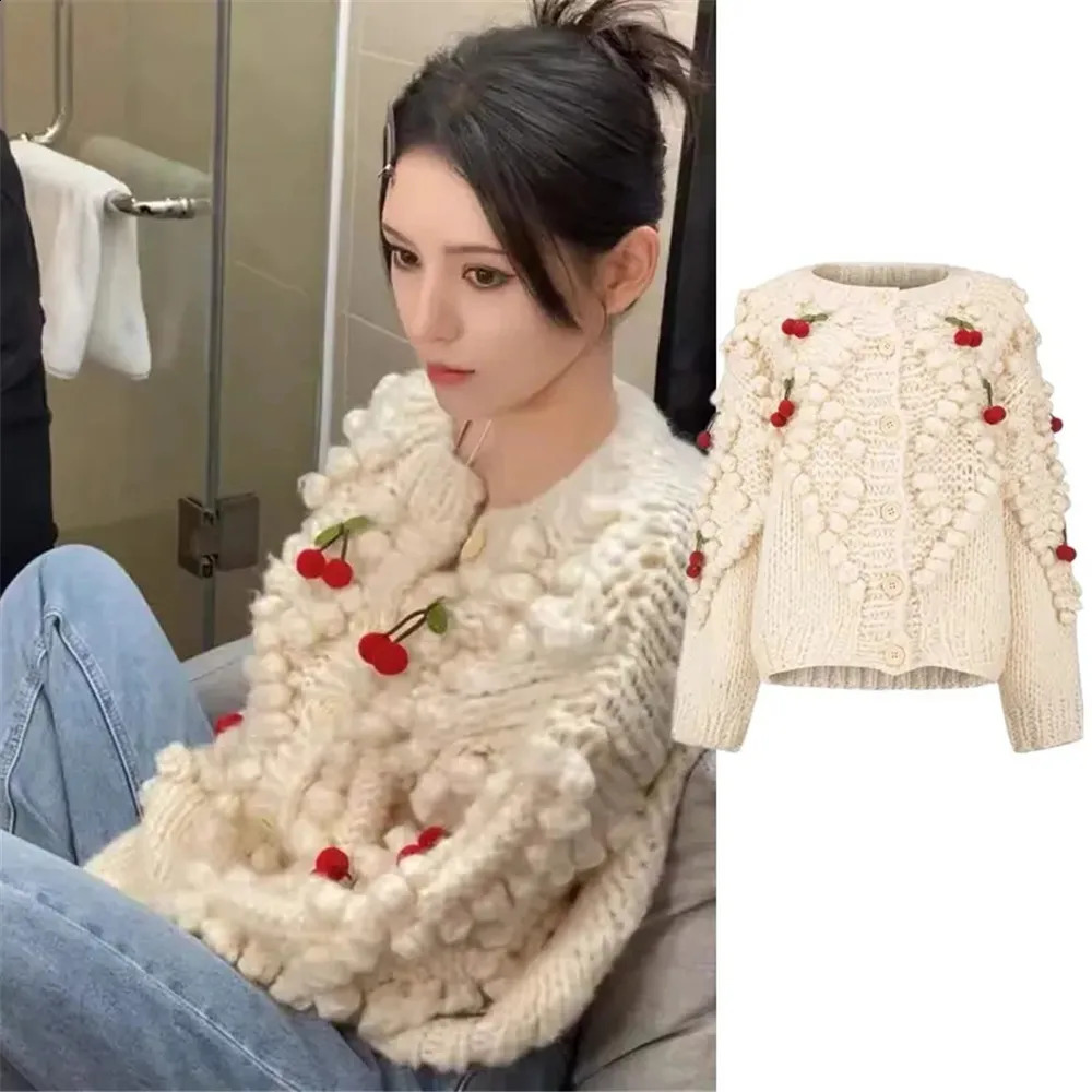 Cherry O-neck Cardigan Women Vintage Kawaii Loose Lazy Style Knitwear Coats Fashion Warm Baggy Korean Cute Button Sweaters 240824