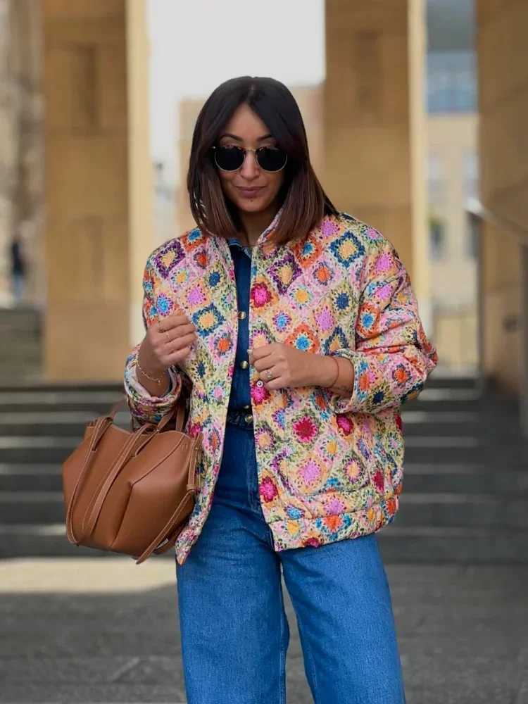 Women's Jackets Casual Print Stand Collar Cotton Jackets Women Chic Quilted Single-breasted Long Slves Short Coat 2024 Lady New Warm Outerwear Y2