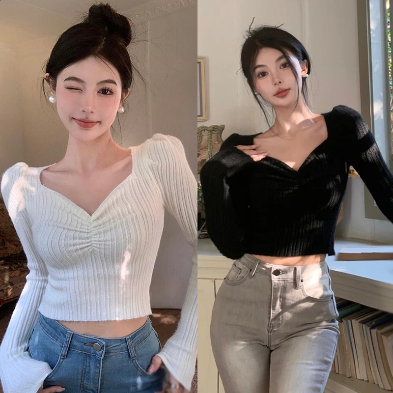 Womens Sweater Solid Colour Korean Version V Neck Slim Fashion Versatile Puff Long Sleeve Knitted T-Shirt 240824