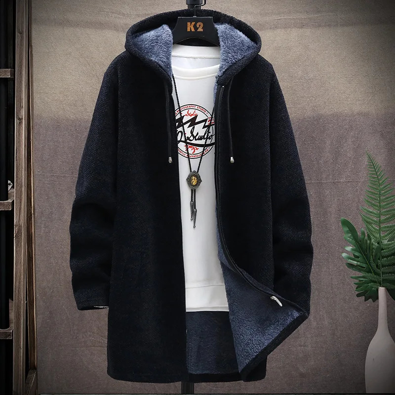 Long hooded wool cardigan mens winter thick warm velvet sweater knitted solid jacket zipper 240824