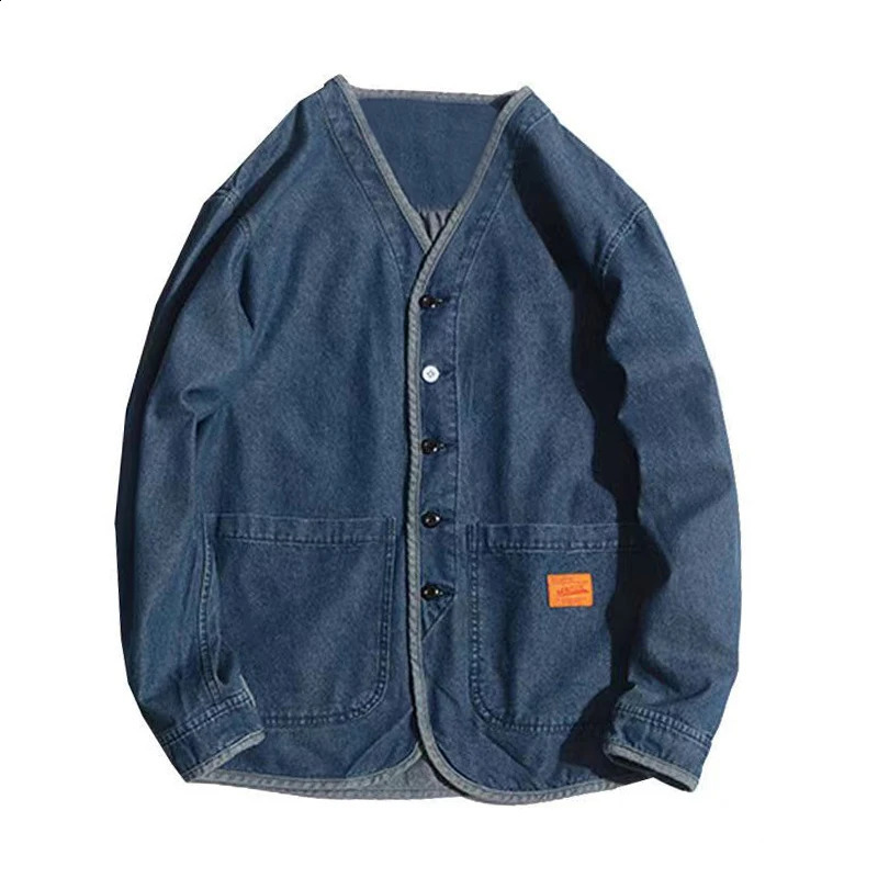 Japanese style Amekaji Vneck single chest mens denim jacket Spring retro 240824