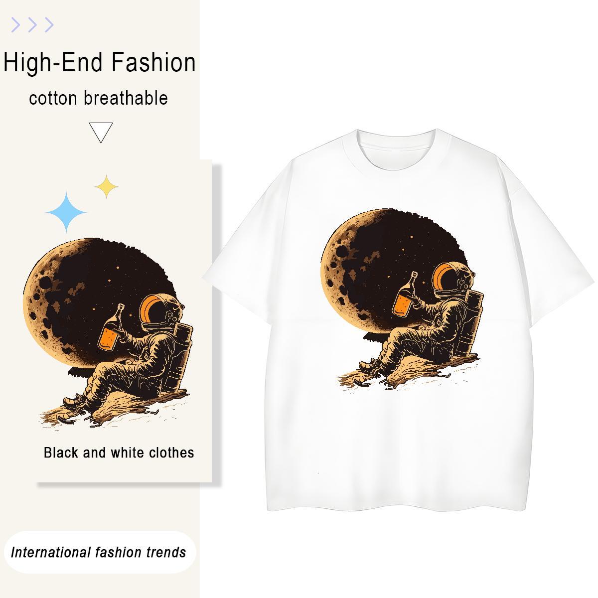 Unisex Womens Tshirts 100% Cotton 230g cosmonaut Casual Sport Woman T Shirts Round Neck Short Sleeve Custom Cartoon Polos