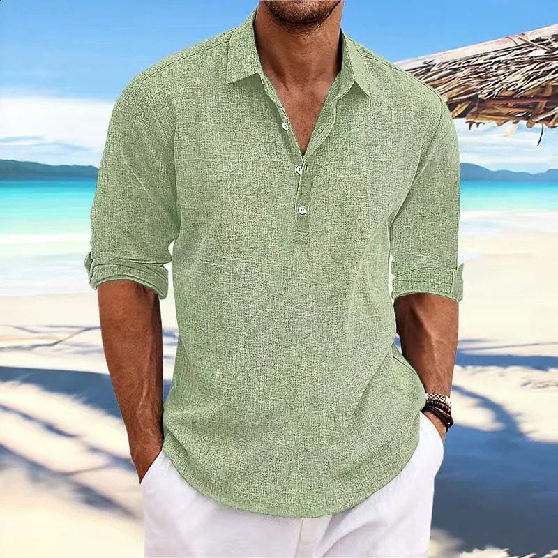 Men Solid Long Sleeve Linen Polo Shirts Spring Summer Casual Turn-down Collar Buttoned Pullover Tops Loose Tees Shirt For Men 240824