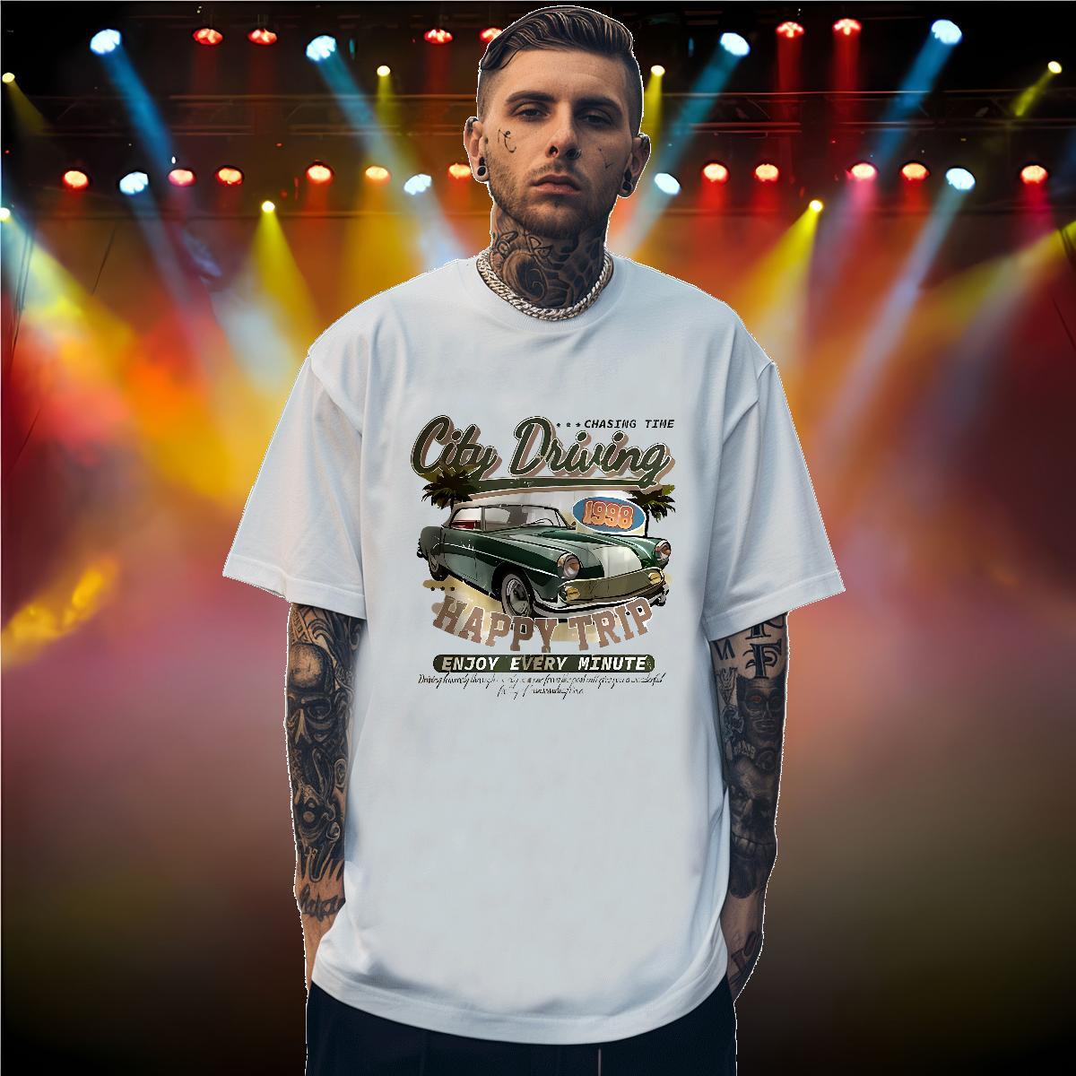 2024 DIY Tshirts happy trip Hip Hop 230g Pure Cotton Clothes Crew Neck High Quality Man T Shirts DIY Printed