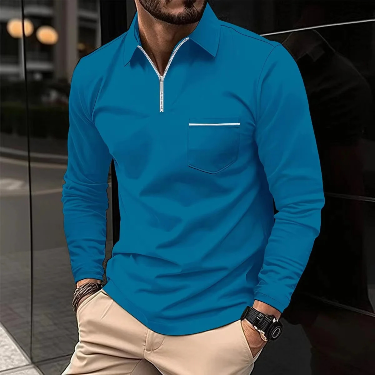 Spring Autumn Mens Daily Casual Simple Style Solid Color Zipper Splicing Pocket Breathable Slim Long-Sleeved Lapel Polo Shirt 240824