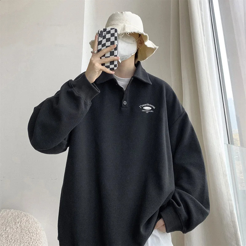 American Retro Pullover Collared Sweatshirt Men Spring Autumn Loose Fitting Ins Trendy Gray Minimalist Long Sleeved Polo Shirt 240824