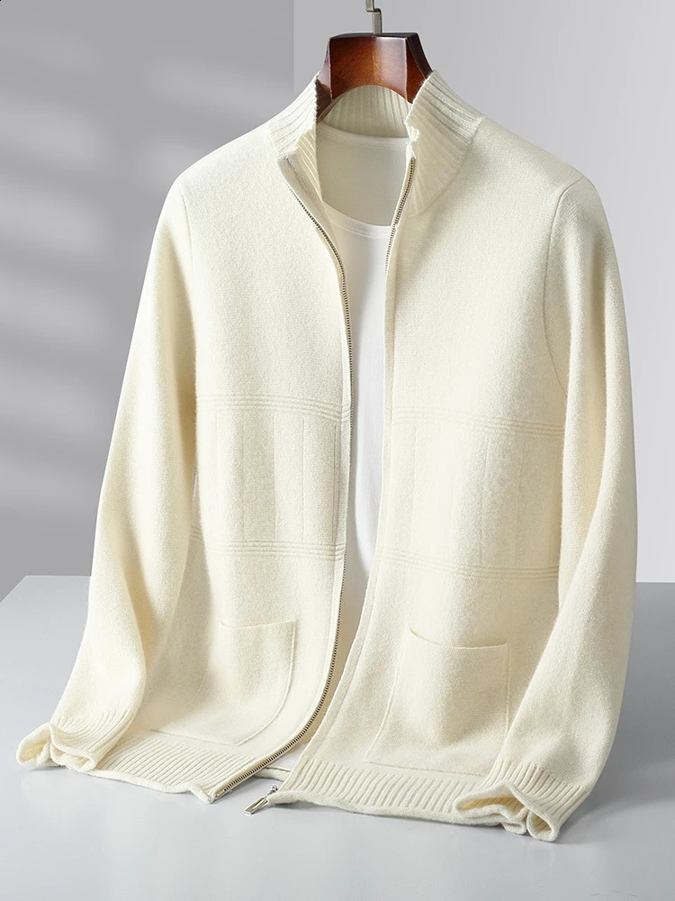 Mens Cashmere Sweater Mock Neck Zippers Cardigan Autumn Winter Thick Soft Coat 100 Merino Wool Knitwear Smart Casual Clothing 240824