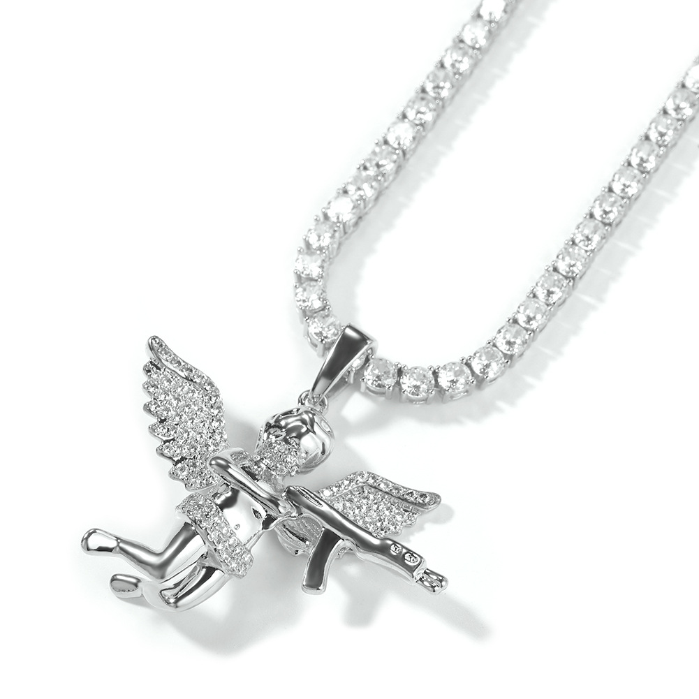 Hip Hop Revenge Angel with Gun Pendant Necklace Full Zircon Winging Angel Men Women Lover Couple Jewelry